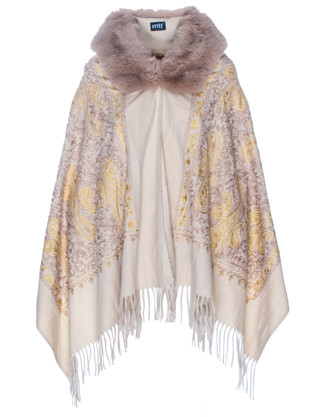 MANTELLA RICAMATA CON COLLO PELLICCIA CASHEMERE JACQUARD, TG UNICA - BEIGE
